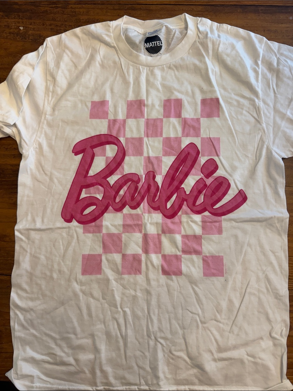 Barbie White Tee with Pink Checker Script Logo